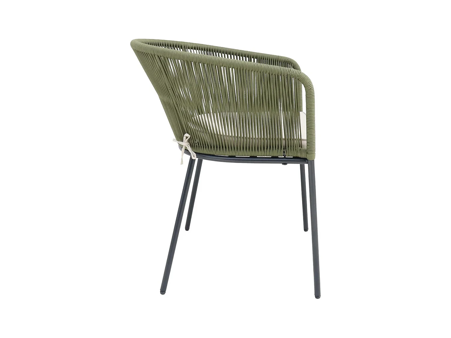 Lot de 2 fauteuils de jardin en corde kaki et acier galvanisé. coussins beige