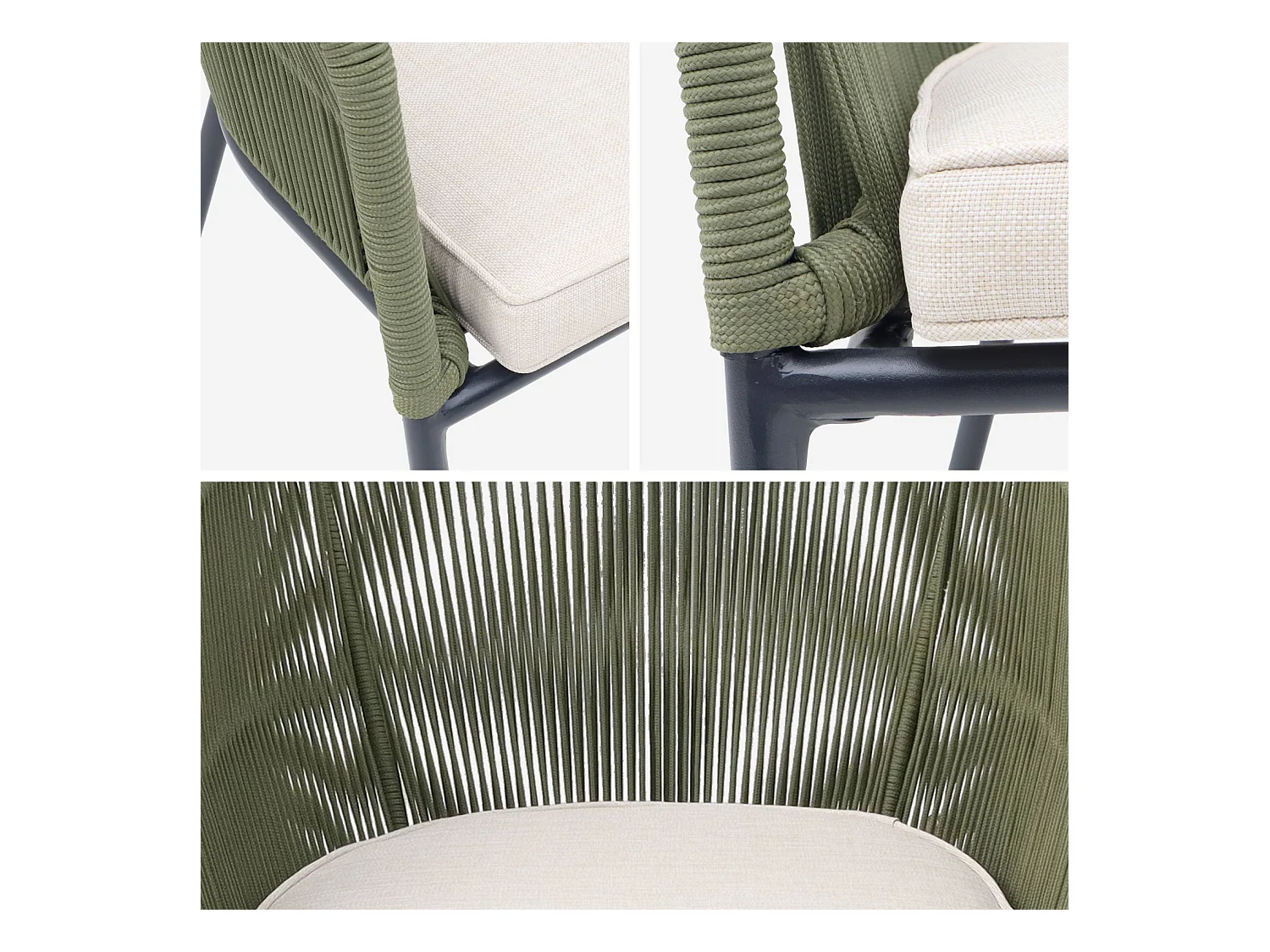 Lot de 2 fauteuils de jardin en corde kaki et acier galvanisé. coussins beige