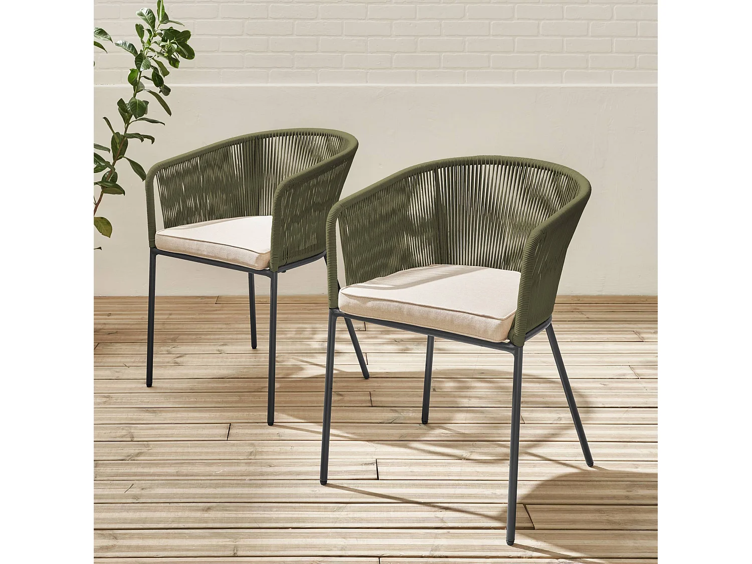 Sillón de jardín de cuerda y acero galvanizado, set de 2 verde kaki