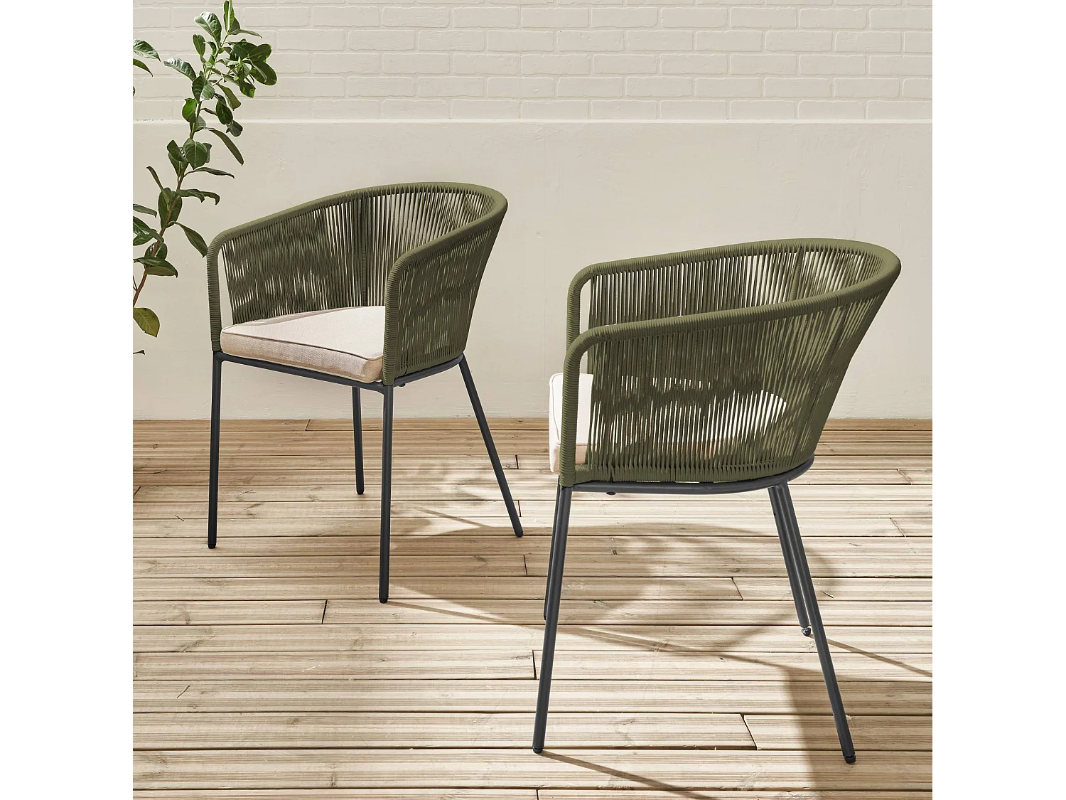 Sillón de jardín de cuerda y acero galvanizado, set de 2 verde kaki