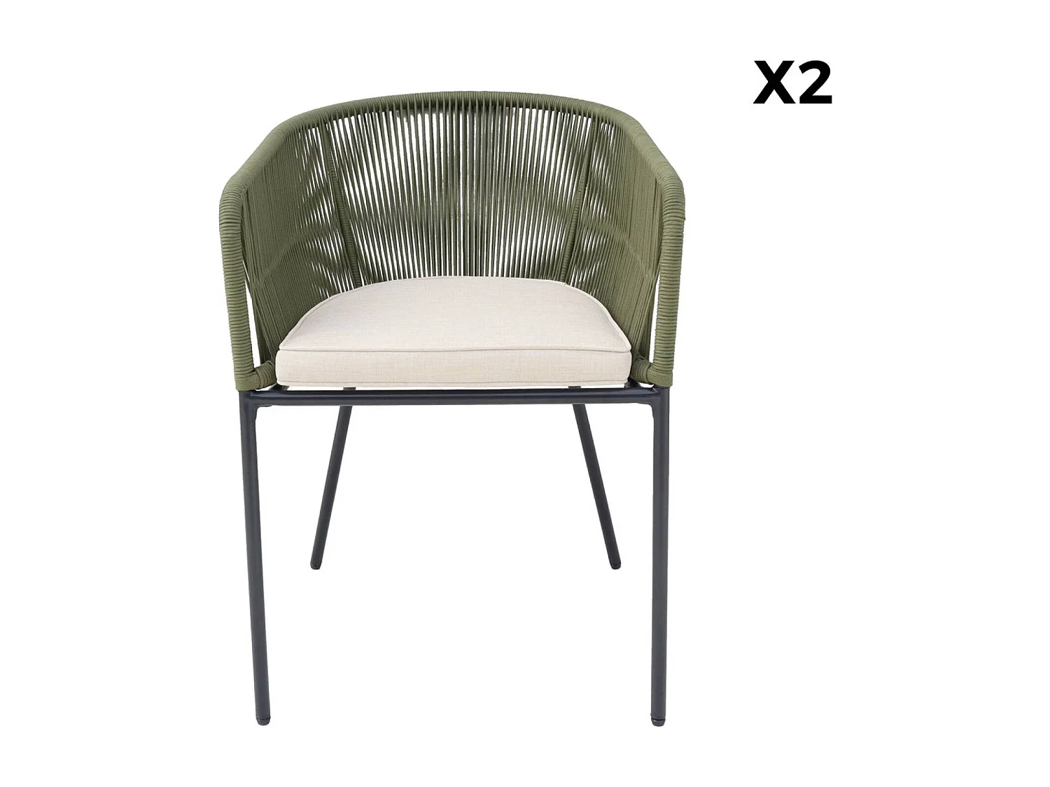 Sillón de jardín de cuerda y acero galvanizado, set de 2 verde kaki