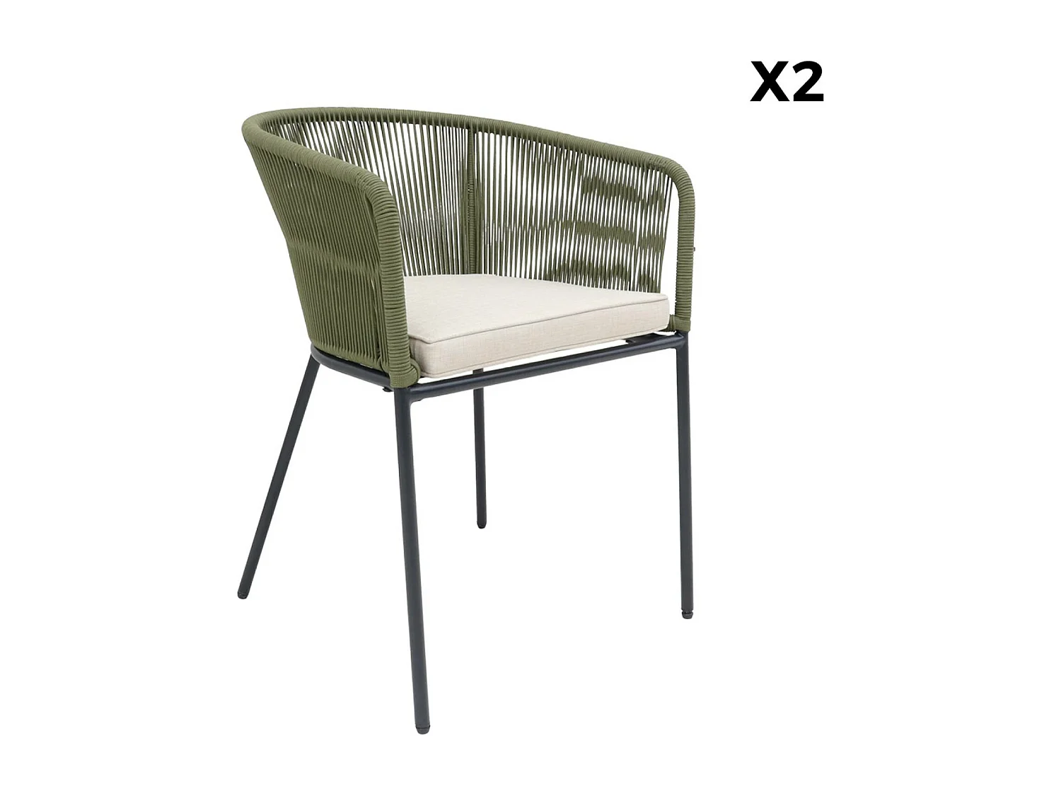 Sillón de jardín de cuerda y acero galvanizado, set de 2 verde kaki