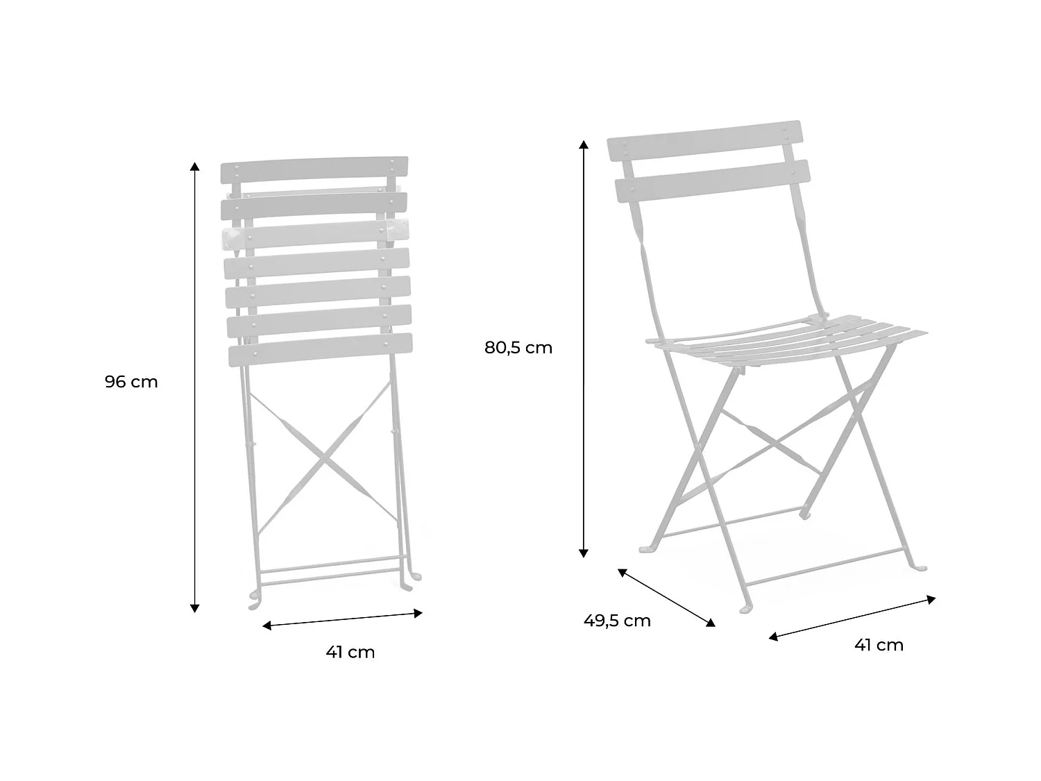 Lot de 2 chaises de jardin bistrot pliables en acier thermolaqué. 49.5 x 41 x 80.5cm