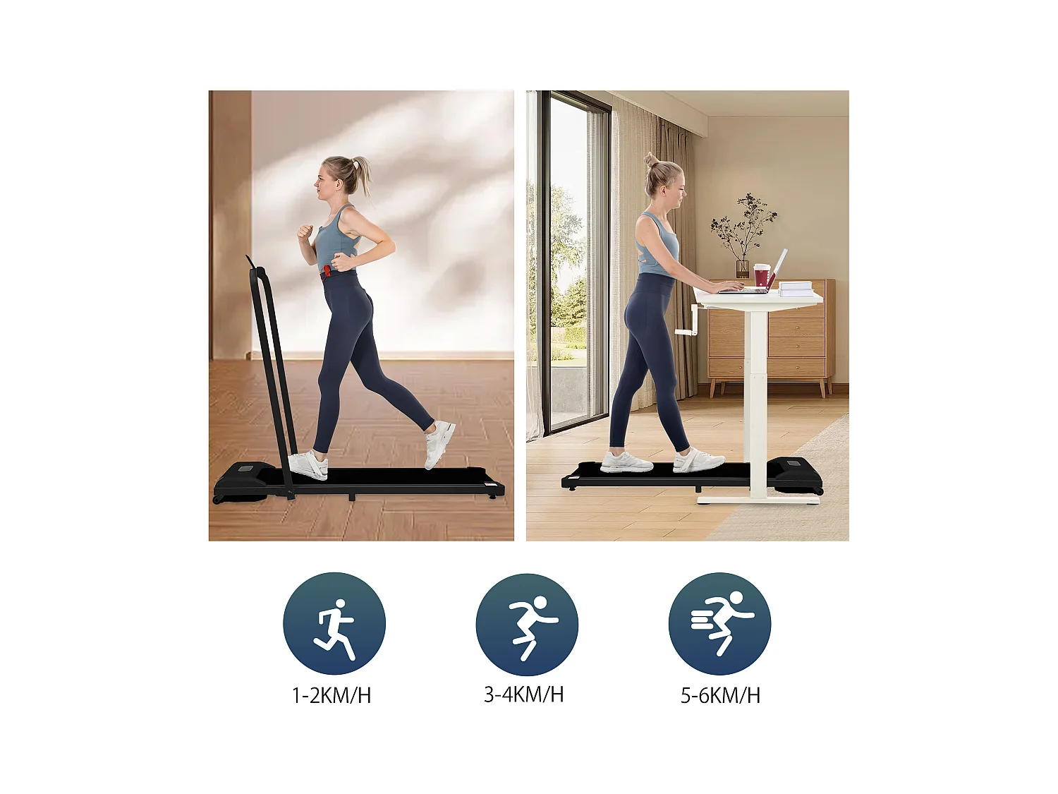 Tapis de course pliable 2 en 1, vitesse de 1 à 6 km/h avec télécommande, écran LED haut-parleur Bluetooth Noir