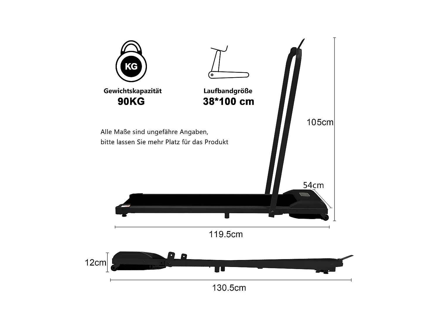 Tapis de course pliable 2 en 1, vitesse de 1 à 6 km/h avec télécommande, écran LED haut-parleur Bluetooth Noir