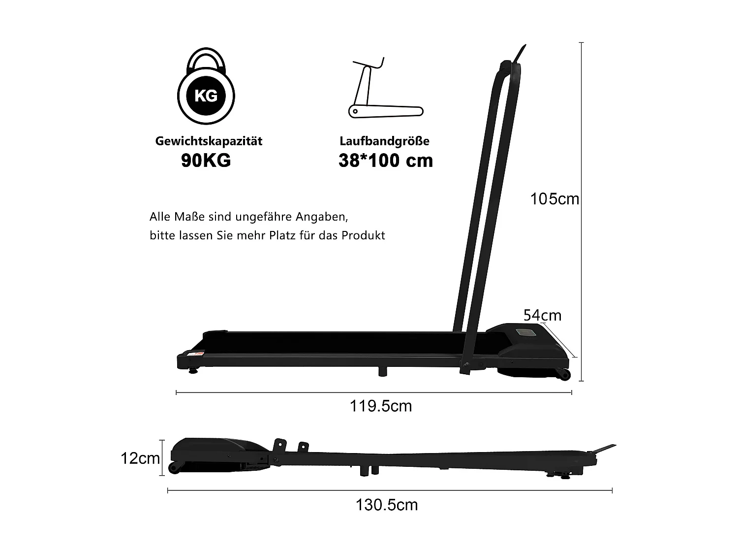 Tapis de course pliable 2 en 1, vitesse de 1 à 6 km/h avec télécommande, écran LED haut-parleur Bluetooth Noir