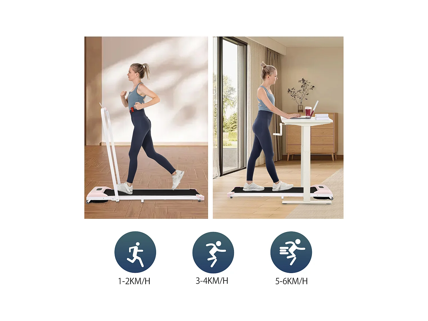 Tapis de course pliable 2 en 1, vitesse de 1 à 6 km/h avec télécommande, écran LED haut-parleur Bluetooth Rose