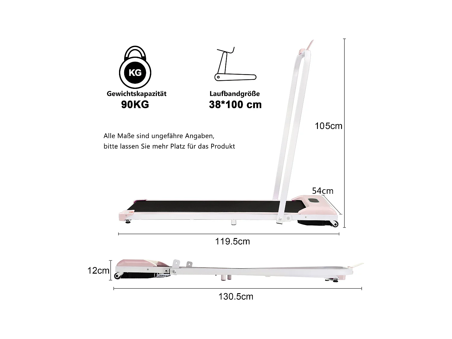 Tapis de course pliable 2 en 1, vitesse de 1 à 6 km/h avec télécommande, écran LED haut-parleur Bluetooth Rose