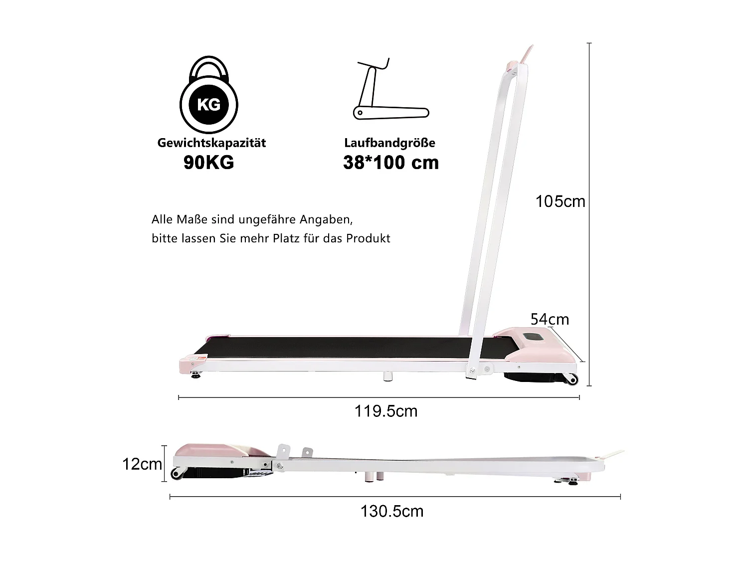 Tapis de course pliable 2 en 1, vitesse de 1 à 6 km/h avec télécommande, écran LED haut-parleur Bluetooth Rose