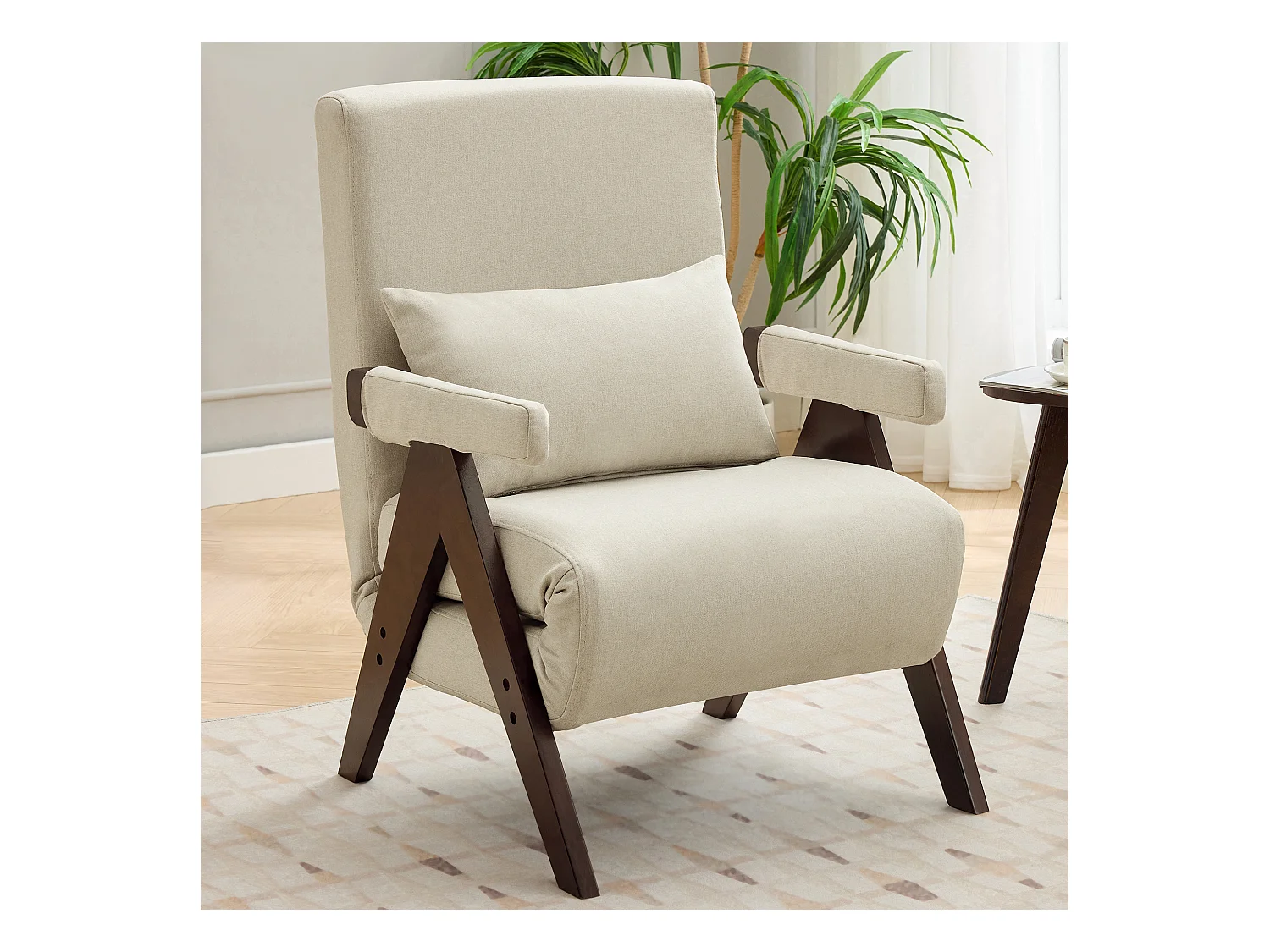 Fauteuil convertible 3 en 1, Canapé-lit pliant - 64 x 68.5 x 93 cm - Tissu en lin - avec fonction couchage Beige + noyer
