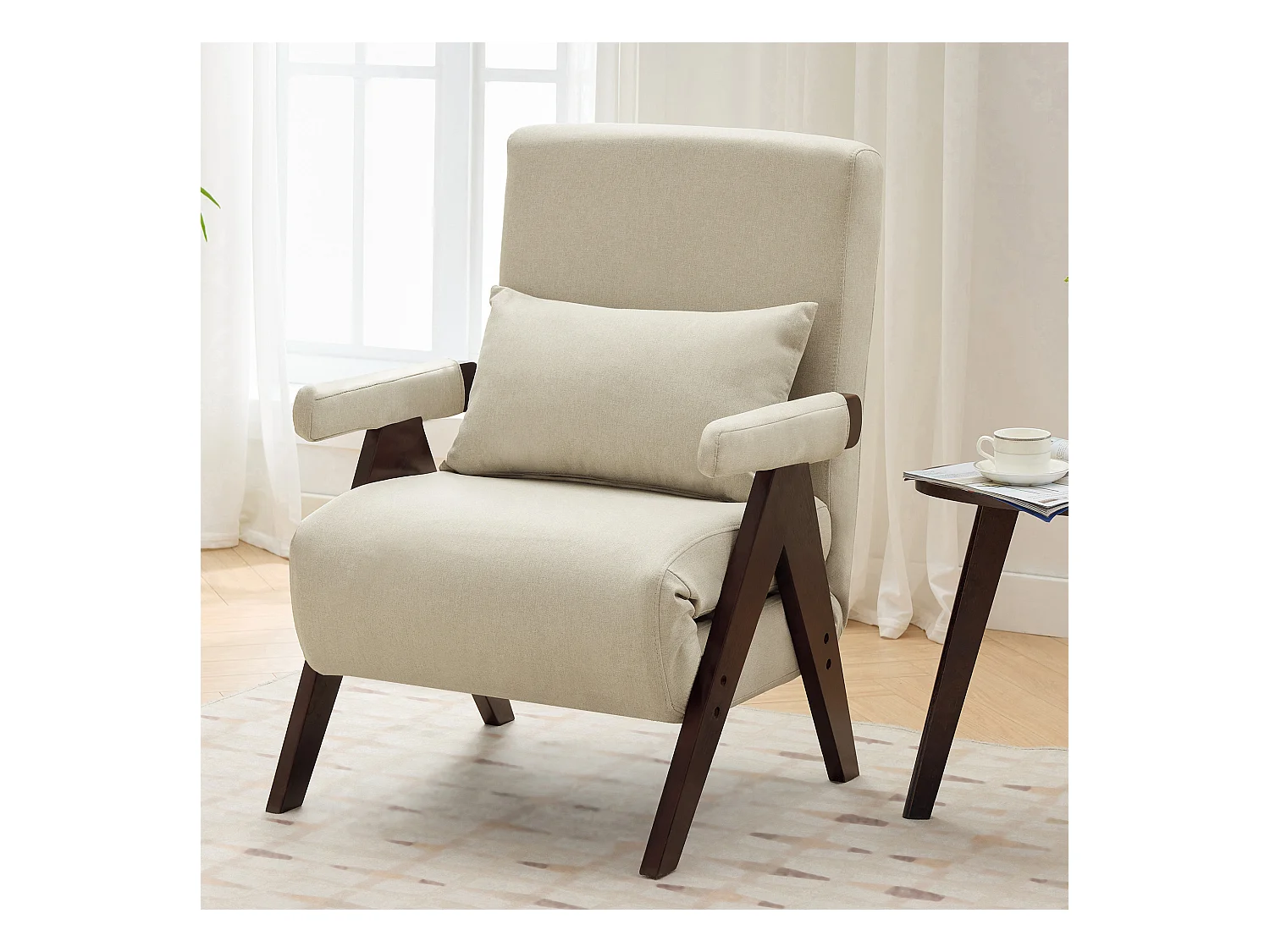 Fauteuil convertible 3 en 1, Canapé-lit pliant - 64 x 68.5 x 93 cm - Tissu en lin - avec fonction couchage Beige + noyer
