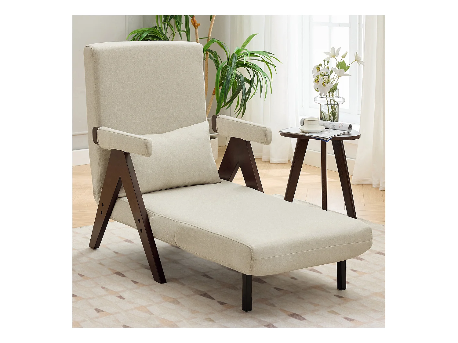 Fauteuil convertible 3 en 1, Canapé-lit pliant - 64 x 68.5 x 93 cm - Tissu en lin - avec fonction couchage Beige + noyer