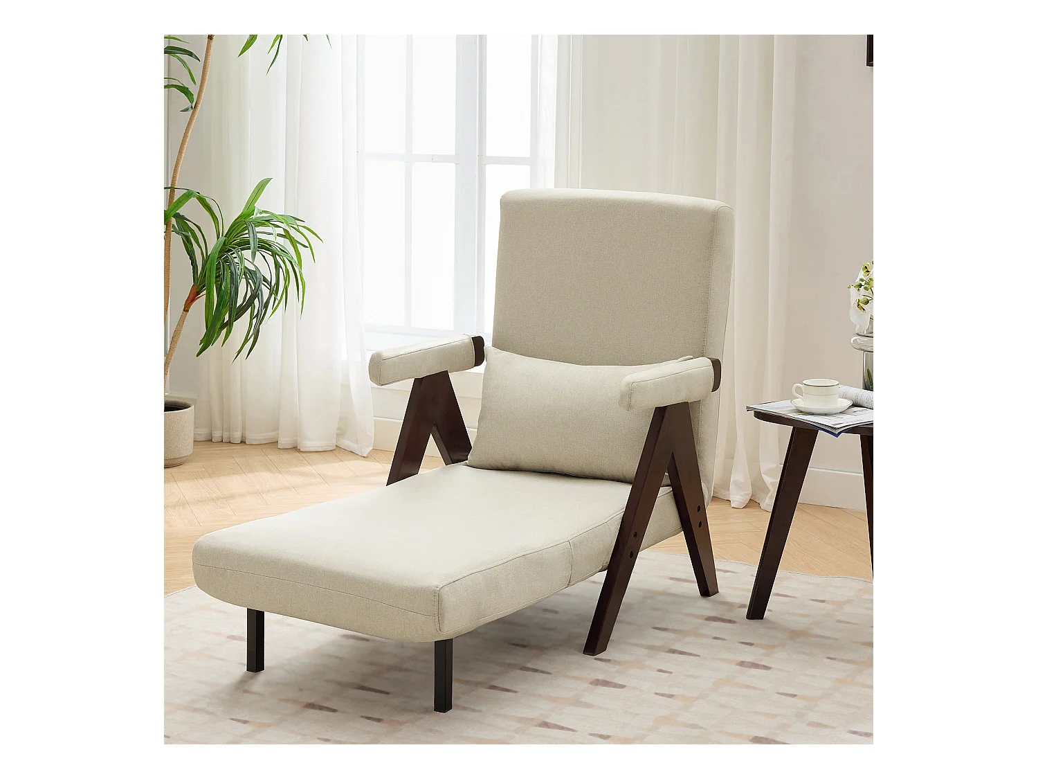 Fauteuil convertible 3 en 1, Canapé-lit pliant - 64 x 68.5 x 93 cm - Tissu en lin - avec fonction couchage Beige + noyer
