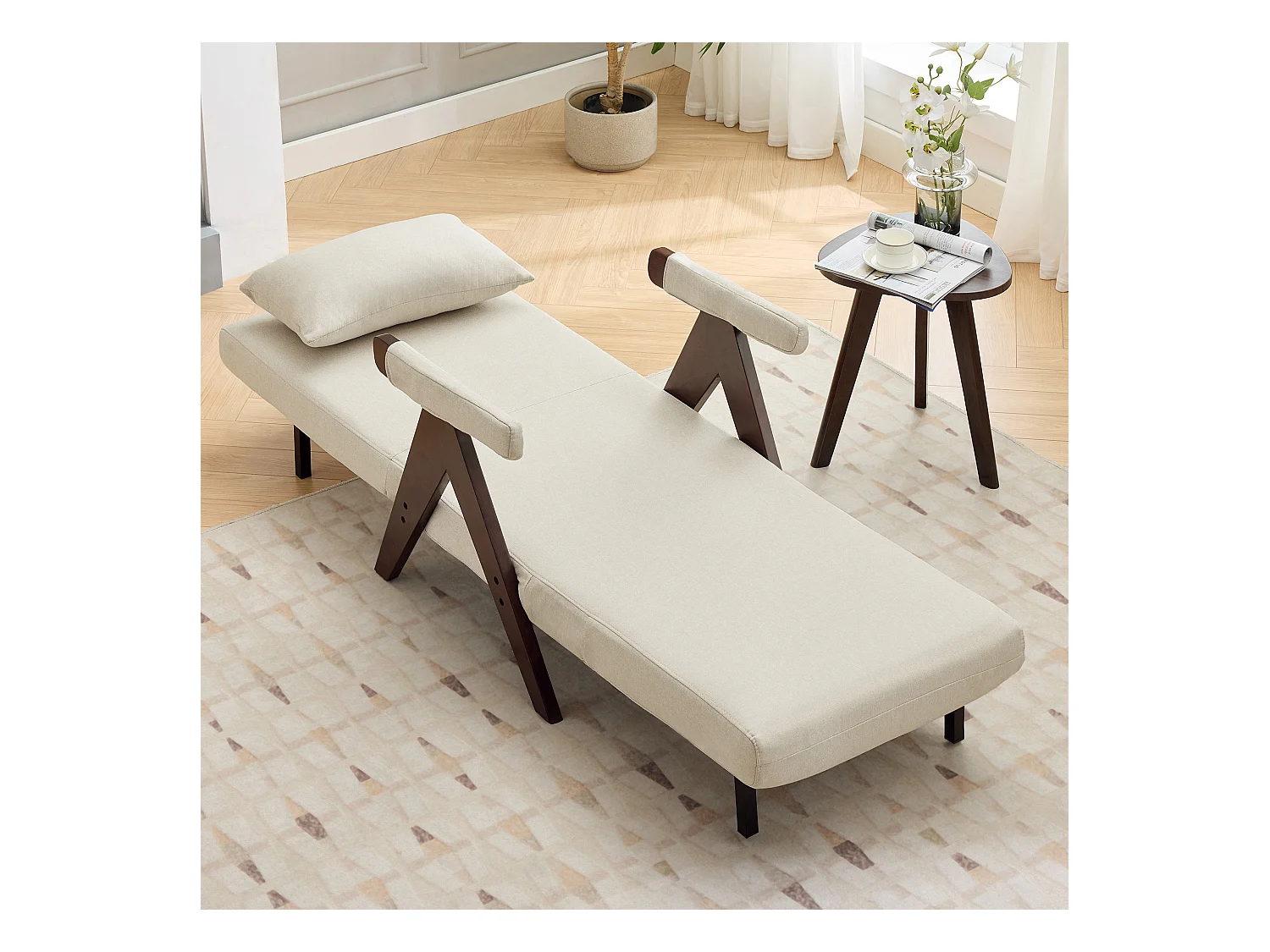 Fauteuil convertible 3 en 1, Canapé-lit pliant - 64 x 68.5 x 93 cm - Tissu en lin - avec fonction couchage Beige + noyer