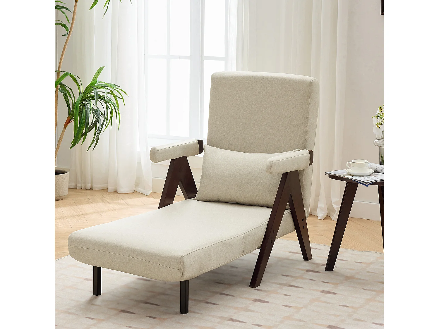 Divano letto 3 in 1, divano letto pieghevole - 64 x 68,5 x 93 cm - Tessuto in lino - con funzione letto Beige + Noce