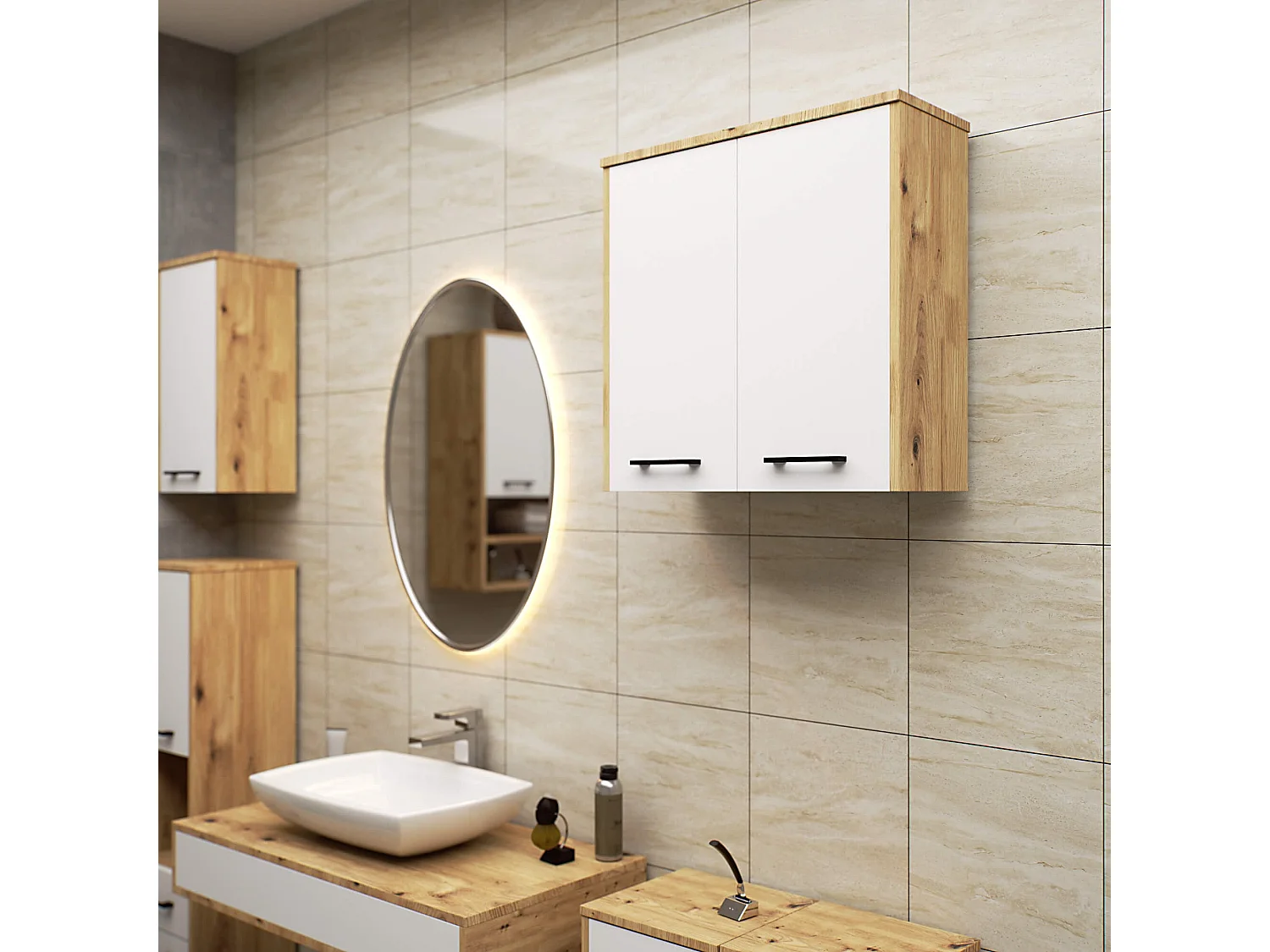 Mobile bagno sospeso AKORD FIN Quercia Ertisan 60 cm 2 ante inserto frontale Bianco 60x22,5x60 cm