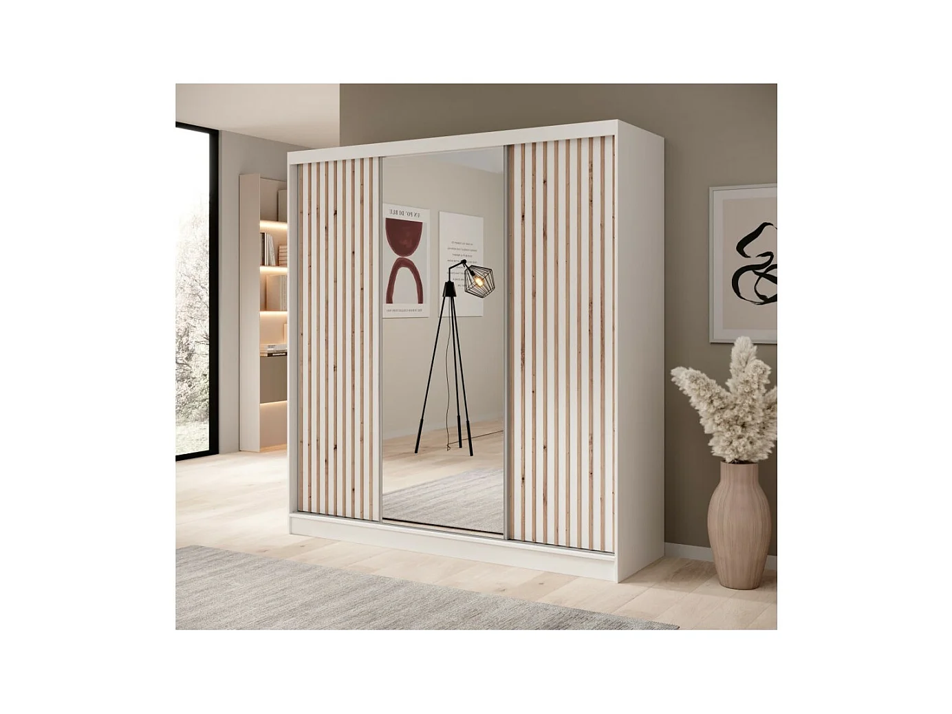 Armoire Ines (200 cm)/Portes coulissantes/Miroir et tiroirs/Blanc&Marron