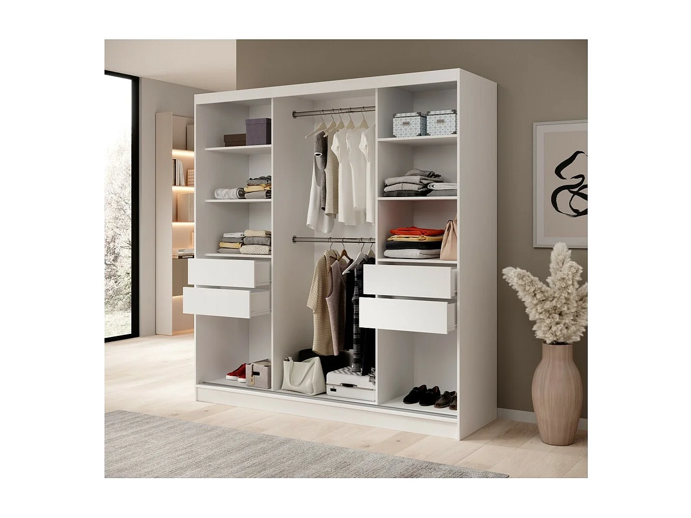 Armoire Ines (200 cm)/Portes coulissantes/Miroir et tiroirs/Blanc&Marron