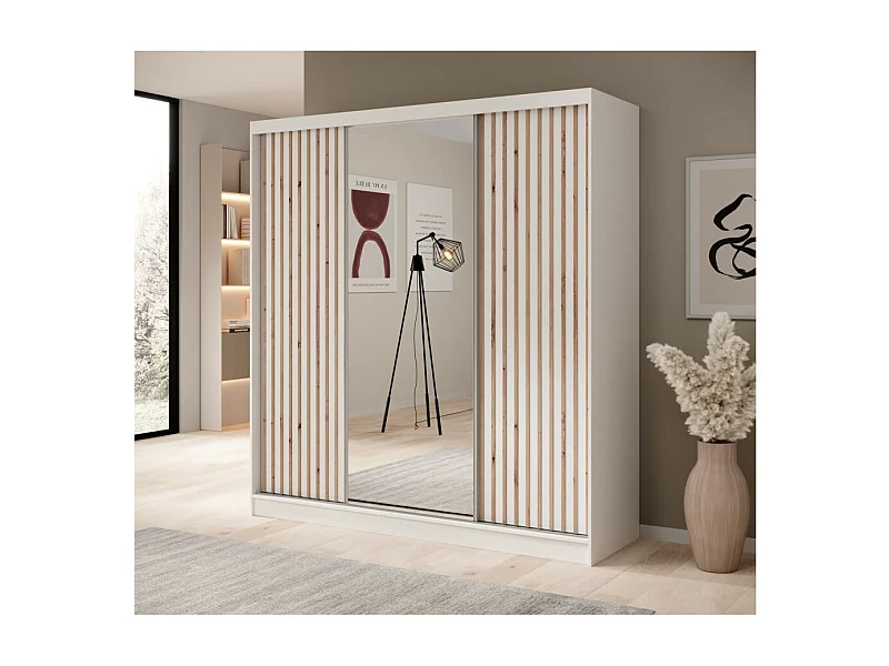 Armadio Ines (200cm)/Ante scorrevoli/Specchio e cassetti/Bianco&Marrone