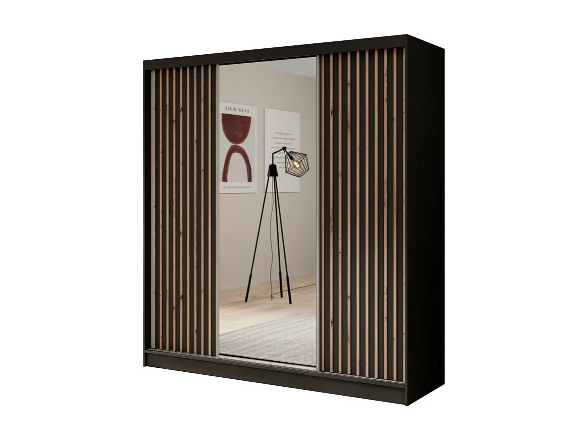 Armoire Ines (200 cm)/Portes coulissantes/Miroir et tiroirs/Noir&Marron
