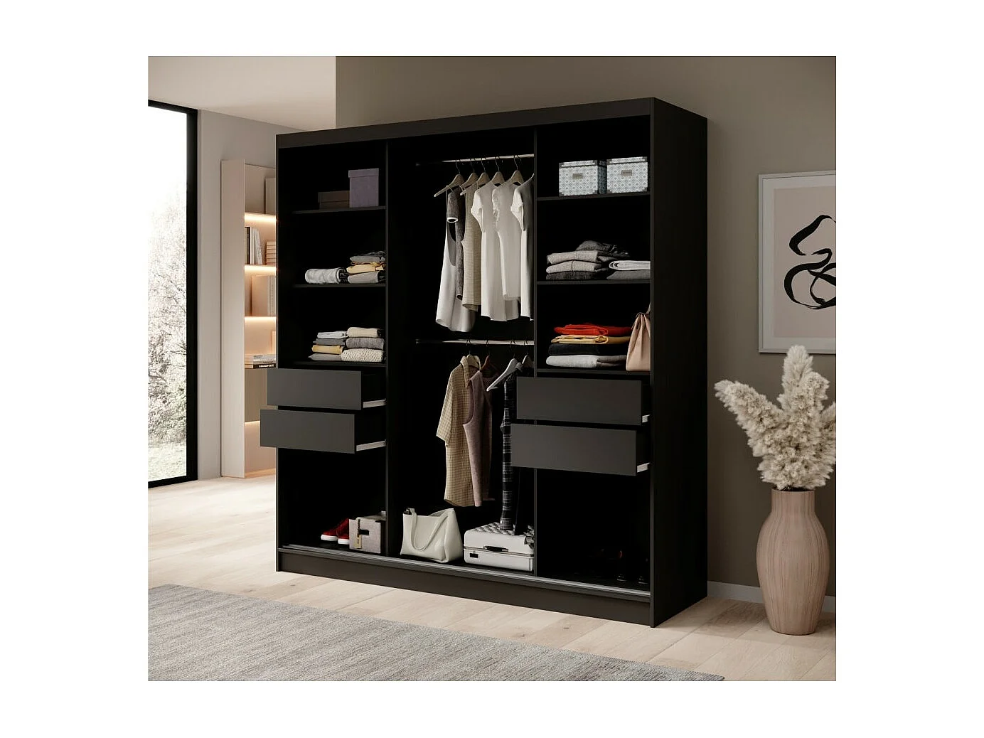 Armoire Ines (200 cm)/Portes coulissantes/Miroir et tiroirs/Noir&Marron