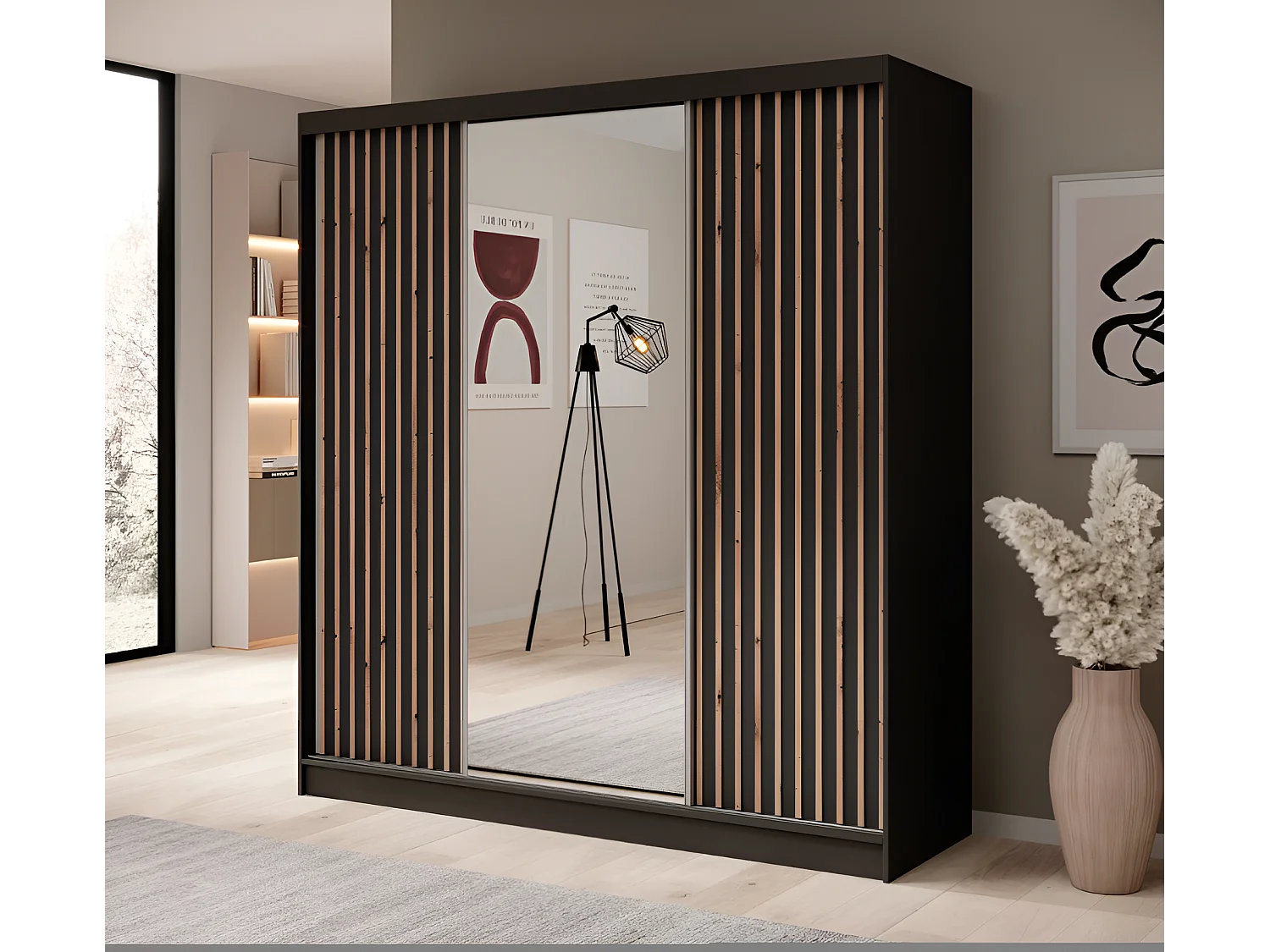 Armadio Ines (200cm)/Ante scorrevoli/Specchio e cassetti/Nero&Marrone