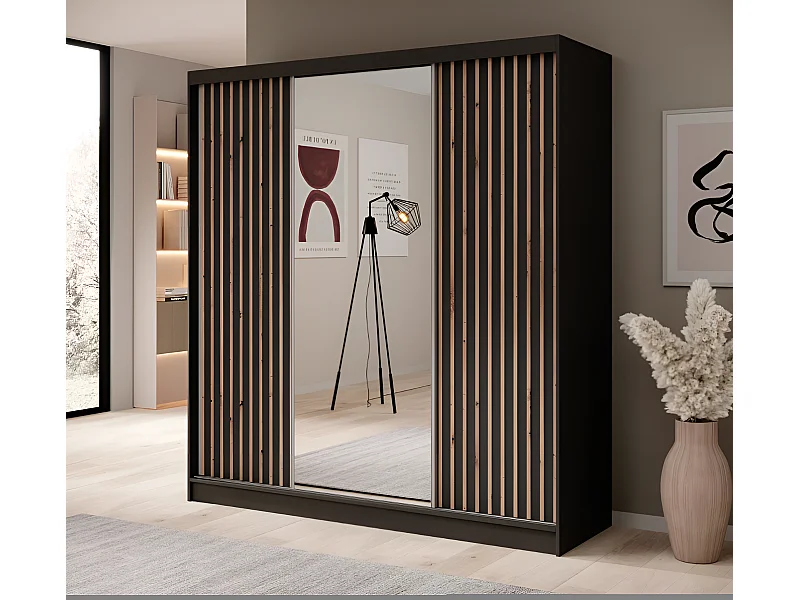 Kleiderschrank Ines (200cm)/Schiebetüren/Spiegel&Schubladen/Schwarz&Braun