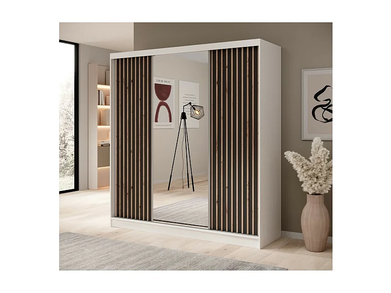 Armoire Ines (200 cm)/Portes coulissantes/Miroir et tiroirs/Noir Blanc Marron