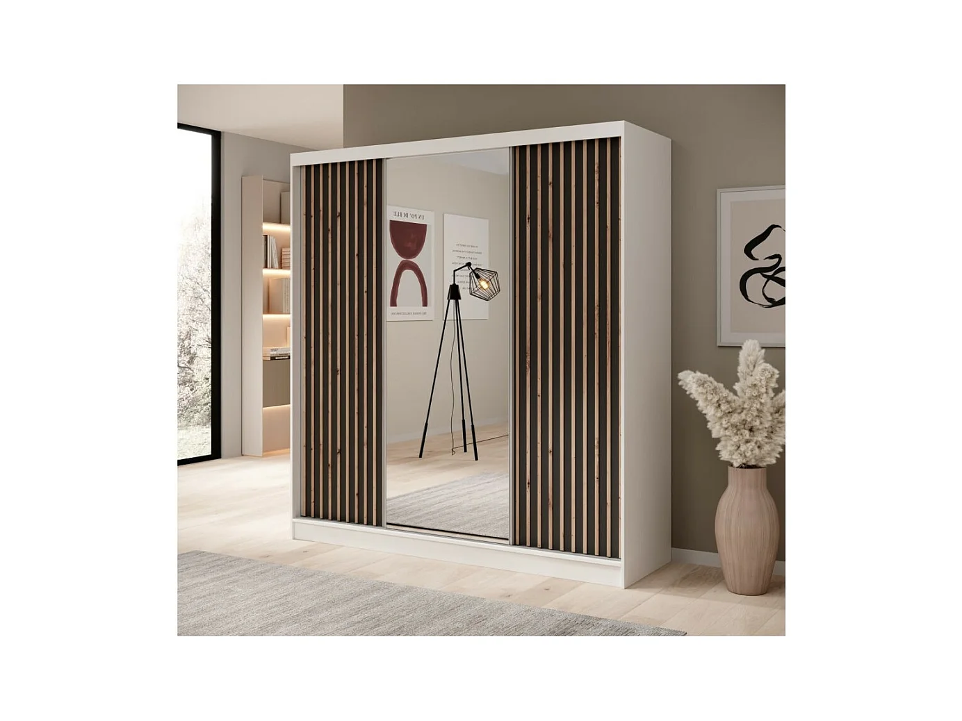 Armoire Ines (200 cm)/Portes coulissantes/Miroir et tiroirs/Noir Blanc Marron