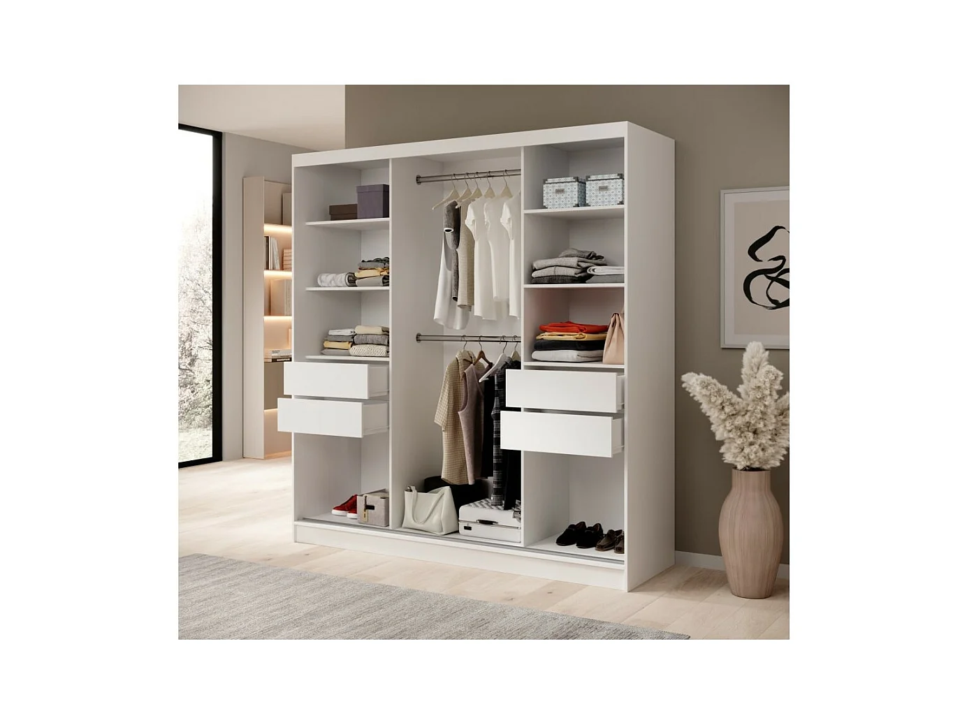 Armoire Ines (200 cm)/Portes coulissantes/Miroir et tiroirs/Noir Blanc Marron