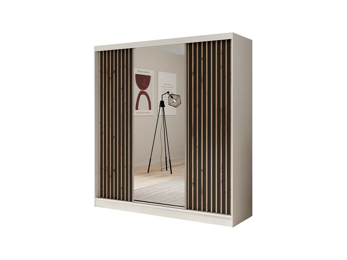 Armoire Ines (200 cm)/Portes coulissantes/Miroir et tiroirs/Noir Blanc Marron