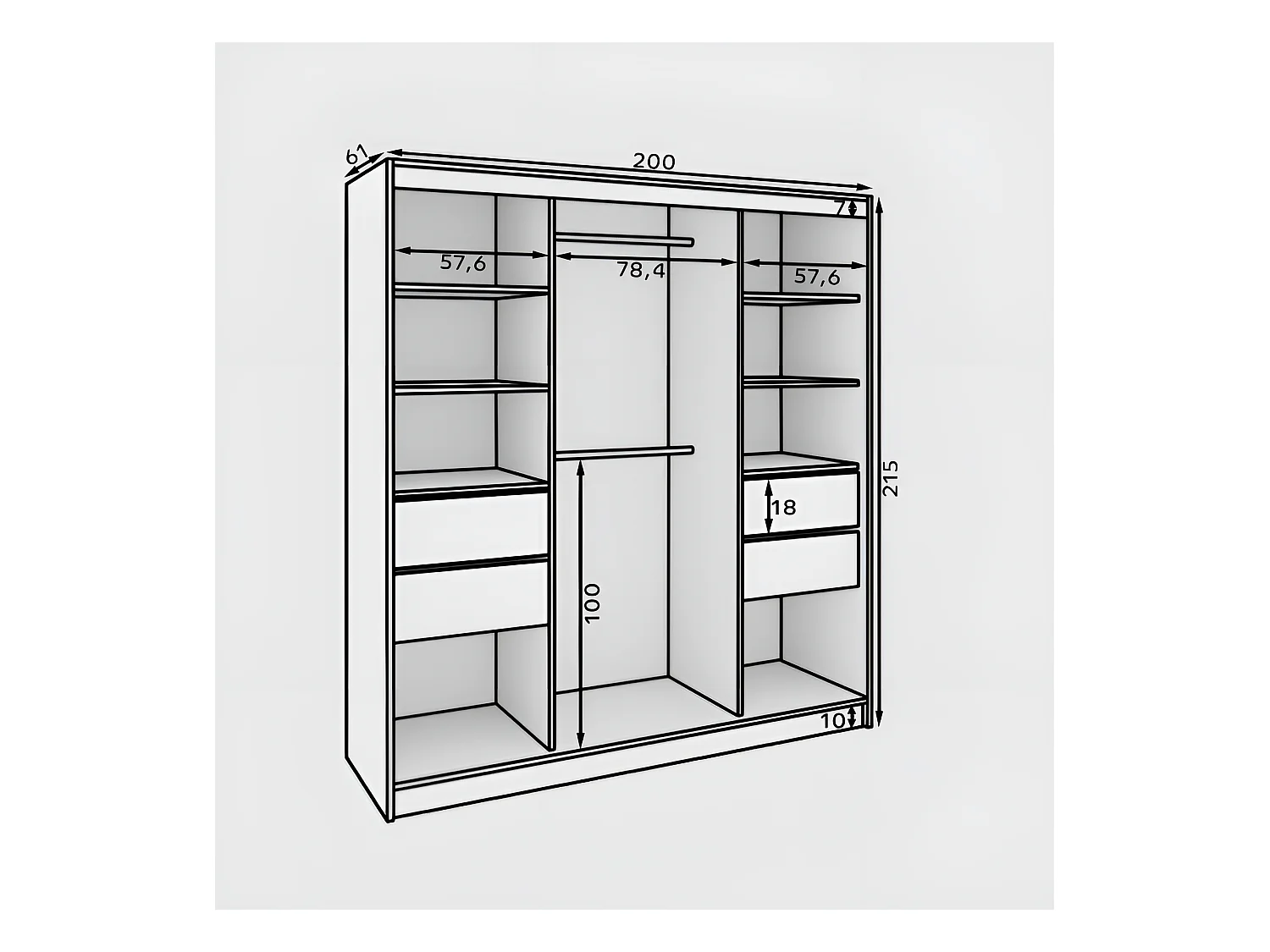 Armoire Ines (200 cm)/Portes coulissantes/Miroir et tiroirs/Noir Blanc Marron