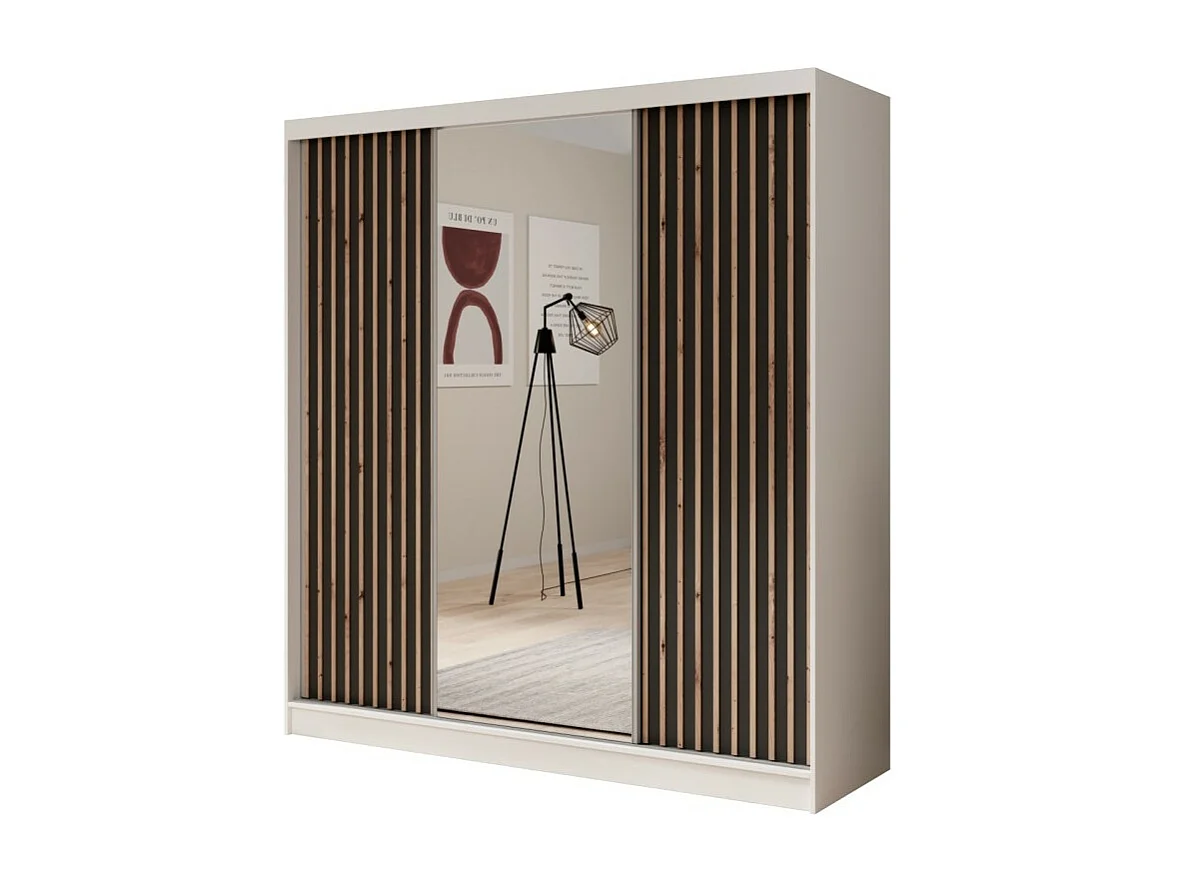 Kleiderschrank Ines (200cm)/Schiebetüren/Spiegel&Schubladen/Schwarz Weiss Braun