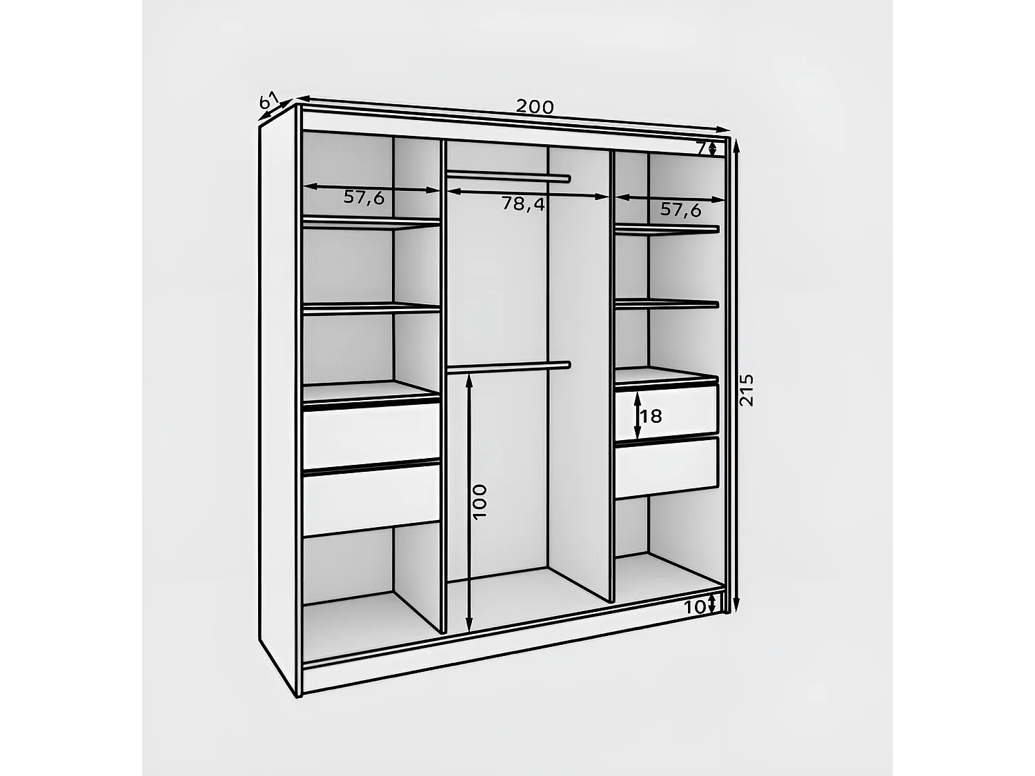 Kleiderschrank Ines (200cm)/Schiebetüren/Spiegel&Schubladen/Schwarz Weiss Braun