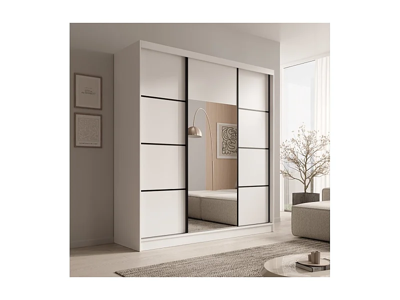 Armoire Kristen (200cm)/Portes coulissantes/Miroir/Noir&Blanc