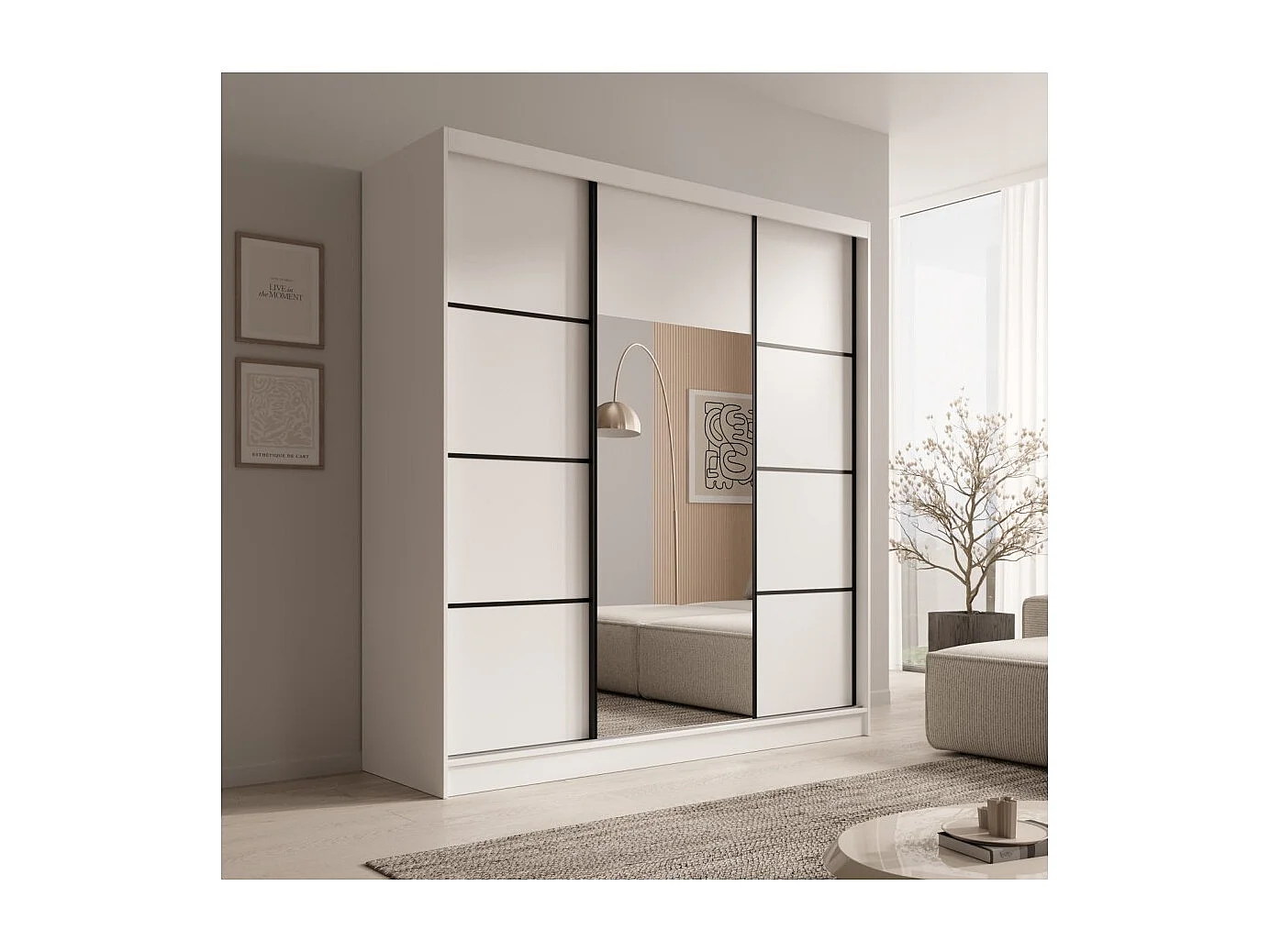 Armoire Kristen (200cm)/Portes coulissantes/Miroir/Noir&Blanc