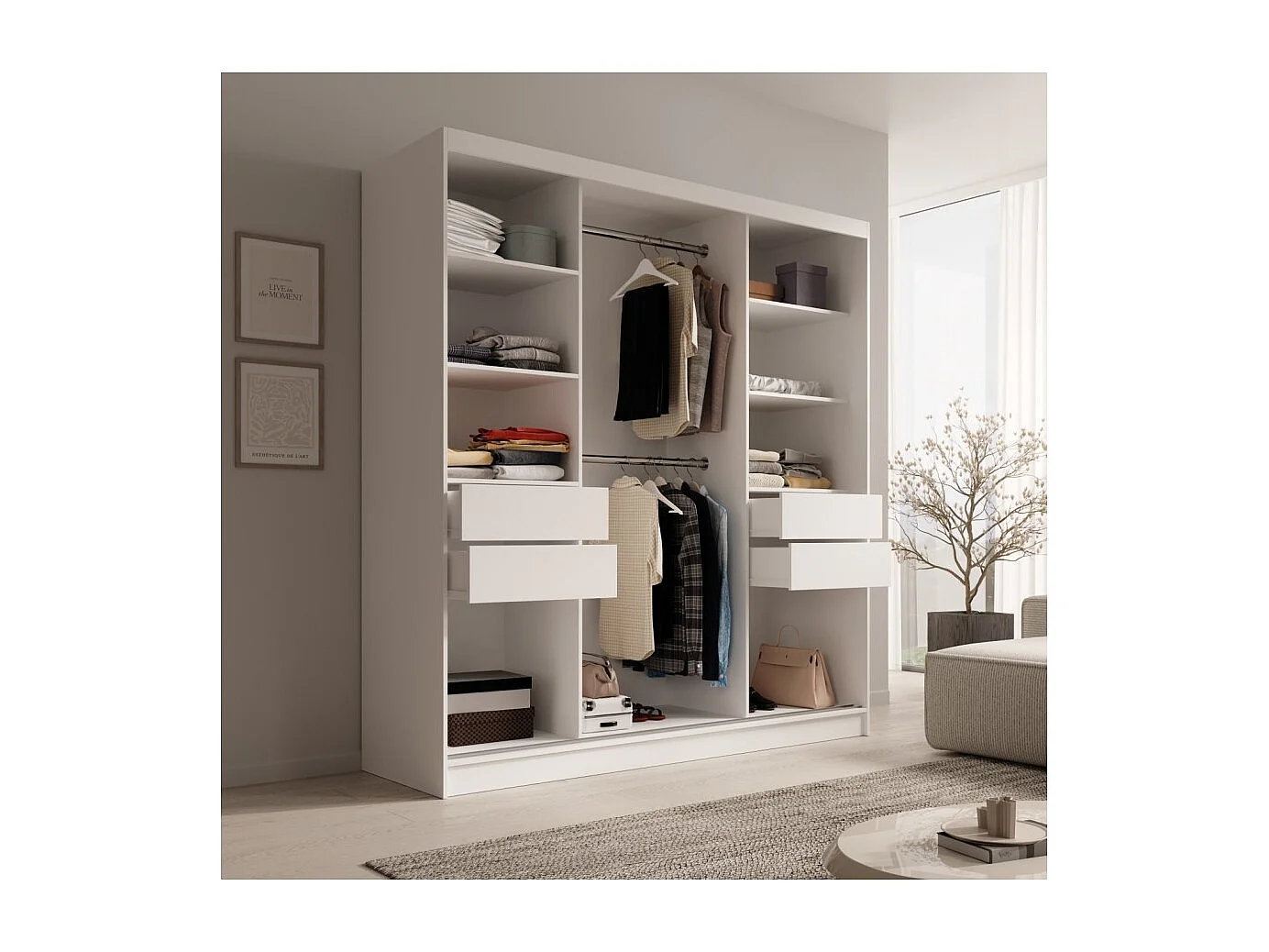 Armoire Kristen (200cm)/Portes coulissantes/Miroir/Noir&Blanc