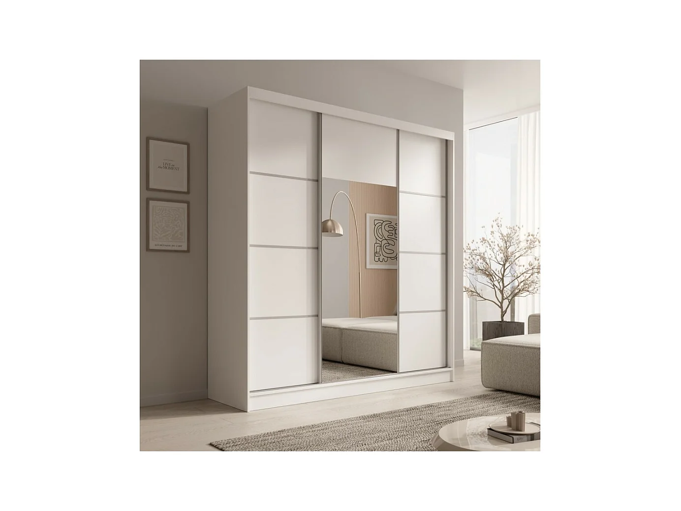 Armoire Kristen (200cm)/Portes coulissantes/Miroir/Blanc