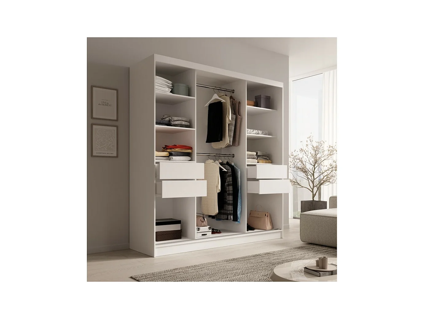Armoire Kristen (200cm)/Portes coulissantes/Miroir/Blanc