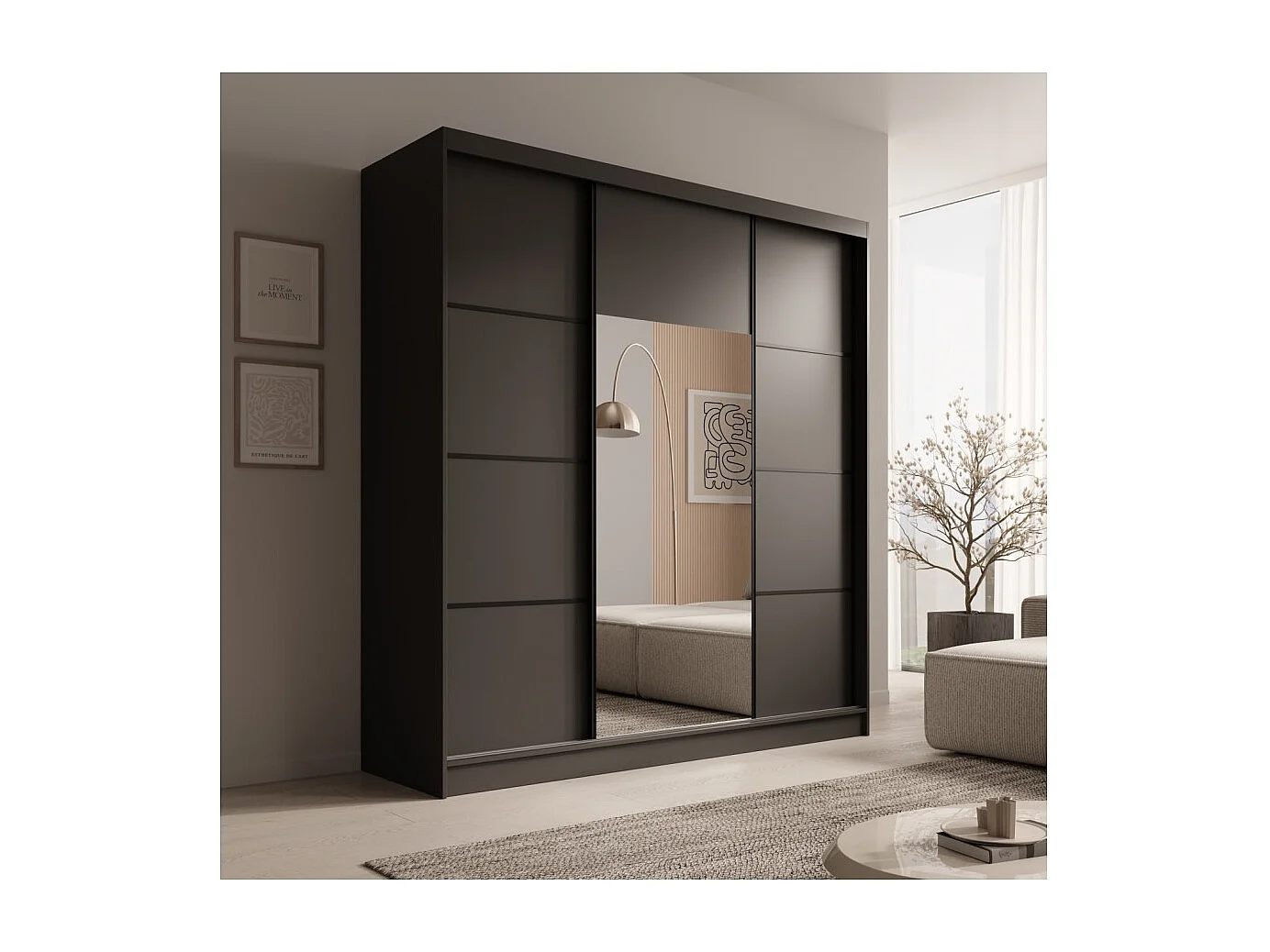Armoire Kristen (200cm)/Portes coulissantes/Miroir/Noir