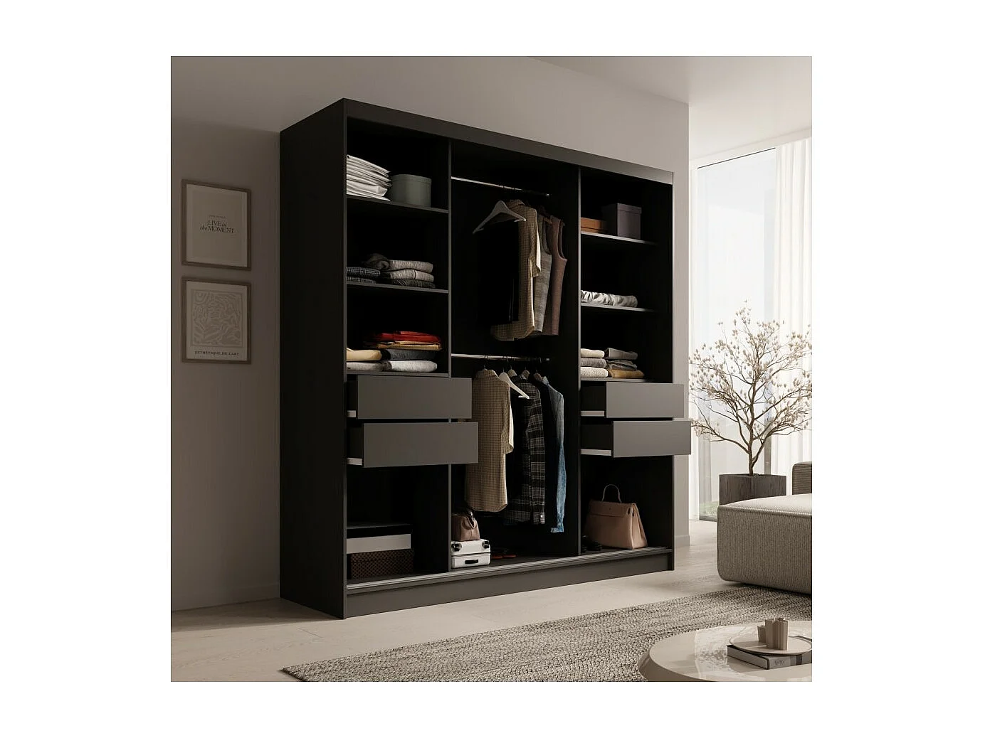 Armoire Kristen (200cm)/Portes coulissantes/Miroir/Noir