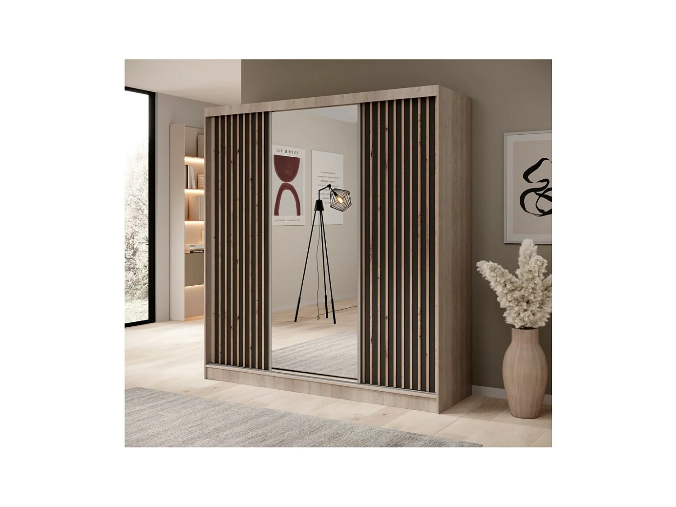 Armoire Ines (200 cm)/Portes coulissantes/Miroir et tiroirs/Noir&Marron
