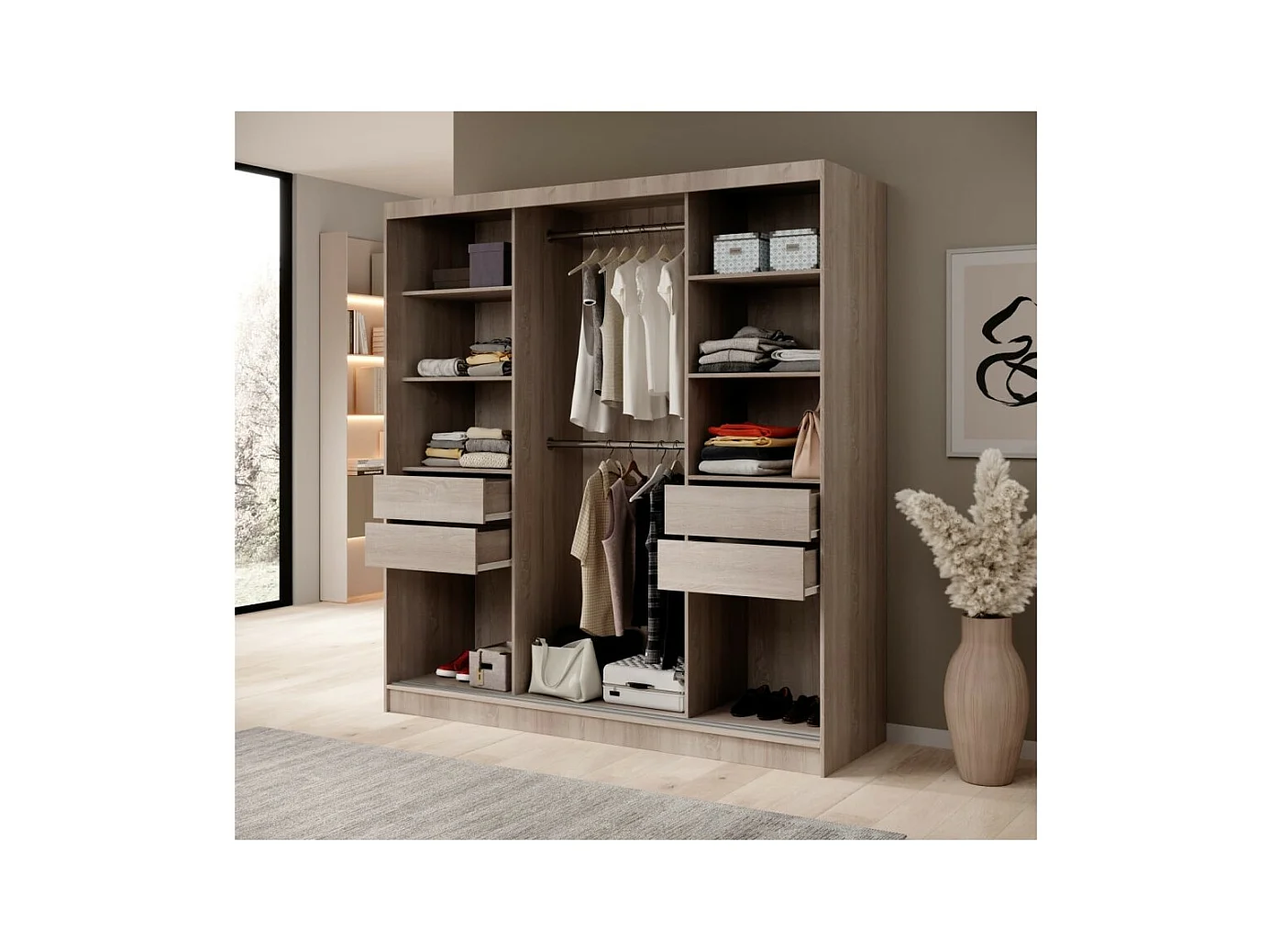 Armoire Ines (200 cm)/Portes coulissantes/Miroir et tiroirs/Noir&Marron