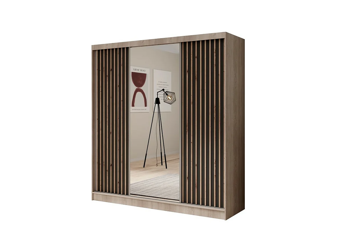 Armoire Ines (200 cm)/Portes coulissantes/Miroir et tiroirs/Noir&Marron