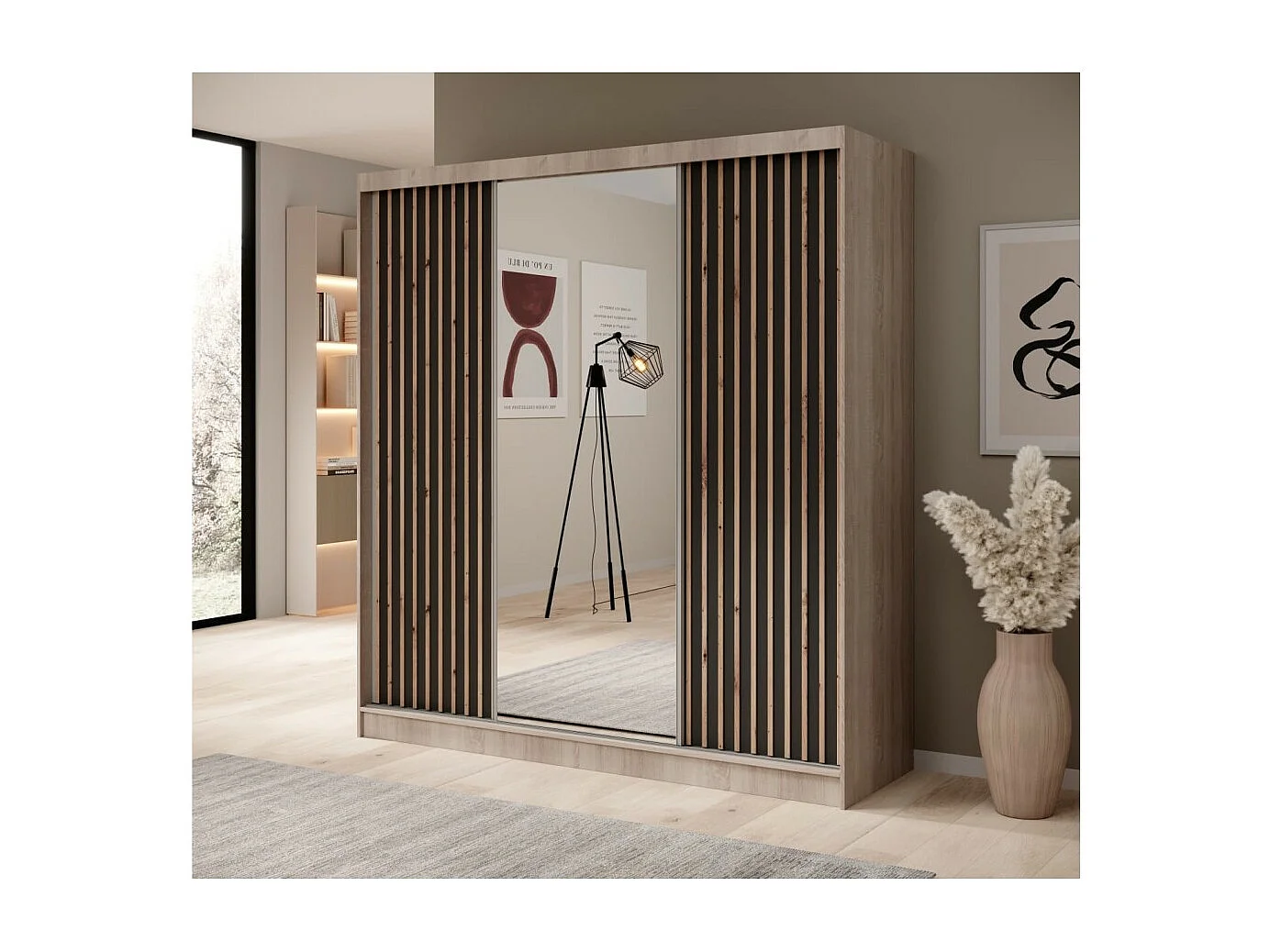 Kleiderschrank Ines (200cm)/Schiebetüren/Spiegel&Schubladen/Schwarz&Braun