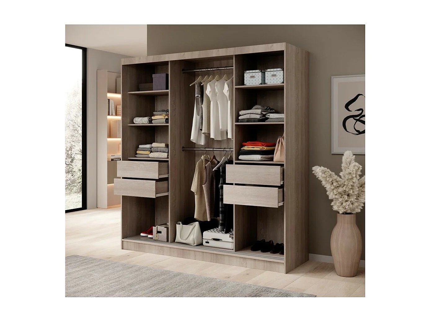 Kleiderschrank Ines (200cm)/Schiebetüren/Spiegel&Schubladen/Schwarz&Braun