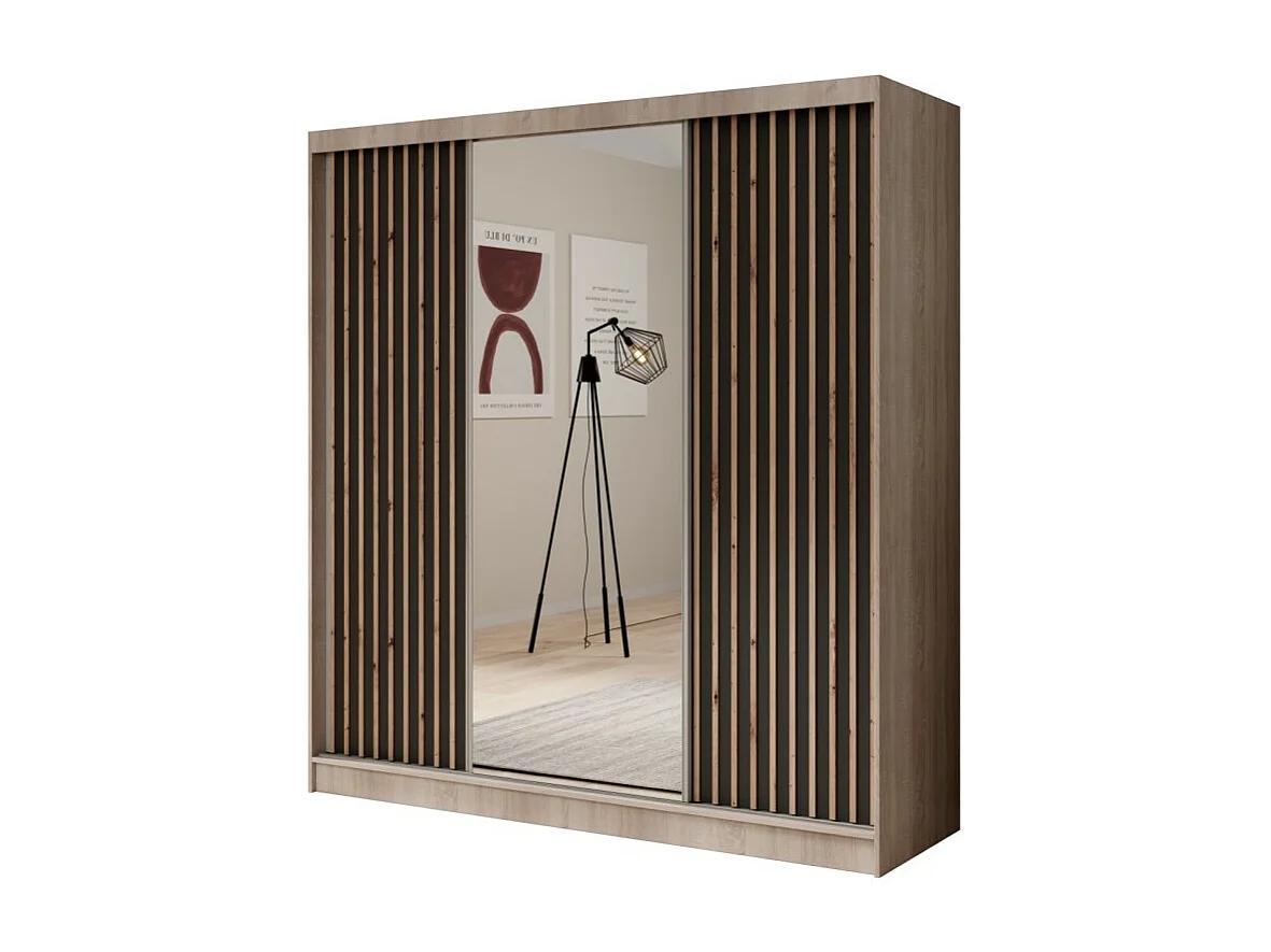 Kleiderschrank Ines (200cm)/Schiebetüren/Spiegel&Schubladen/Schwarz&Braun