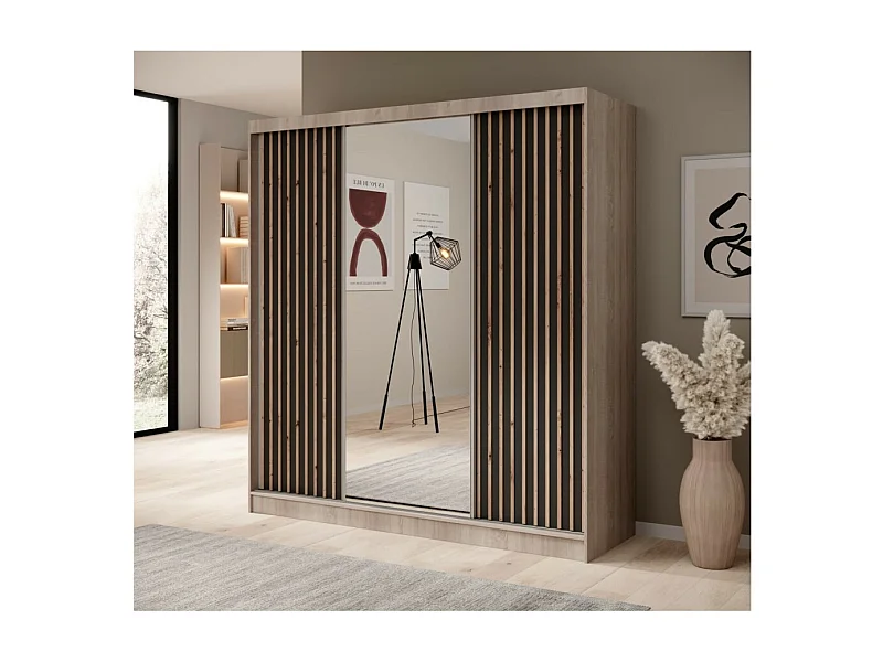 Armadio Ines (200cm)/Ante scorrevoli/Specchio e cassetti/Nero&Marrone