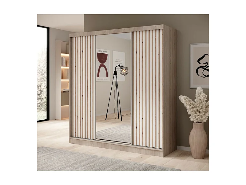 Armoire Ines (200 cm)/Portes coulissantes/Miroir et tiroirs/Blanc&Marron