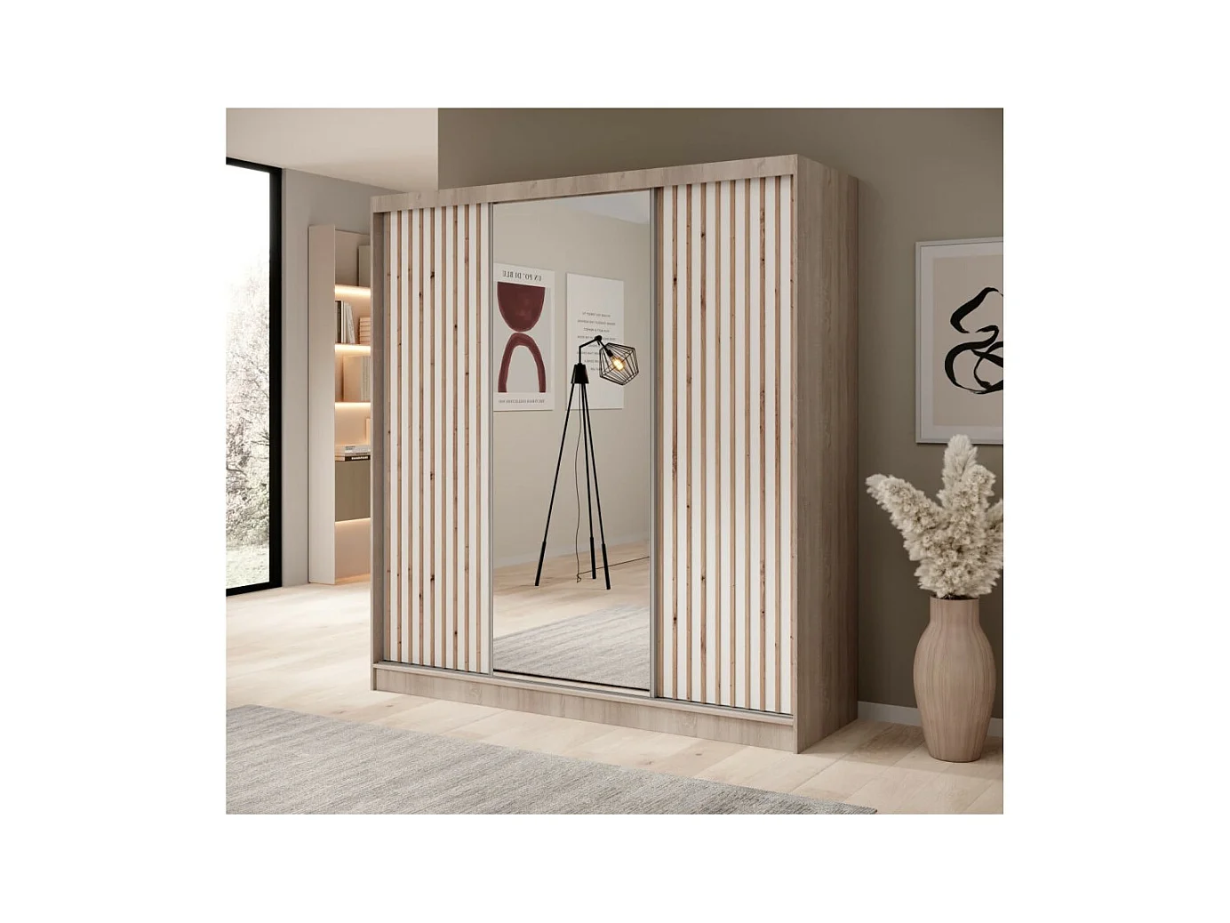 Armoire Ines (200 cm)/Portes coulissantes/Miroir et tiroirs/Blanc&Marron